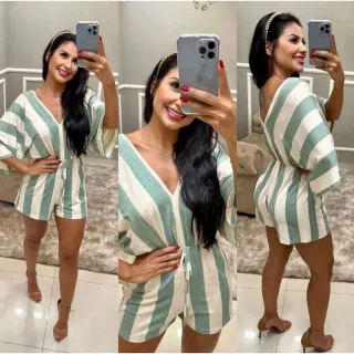 Modinha Curto Feminino Listrado Macaquinho - Branco com Verde