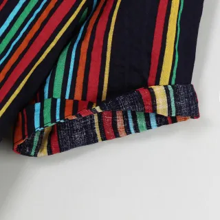 Camisa Masculina Estampada Listrada de Manga Curta / Camisa Moderna Gola de Padre para o Verão - Black,M