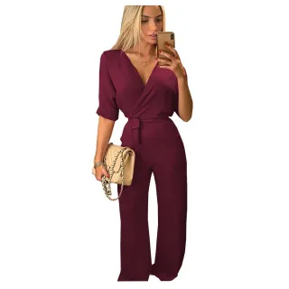 Macacão Longo Flare Feminino Social Decote Laço Manga 3/4 - Preto