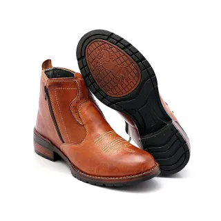 Bota Texana Masculina Couro Legítimo Zíper Cano Curto Sola Costurada