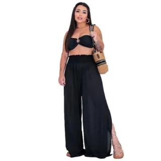 Calça Pantalona Feminina com Fenda Lastex - Saida de Praia - Branco