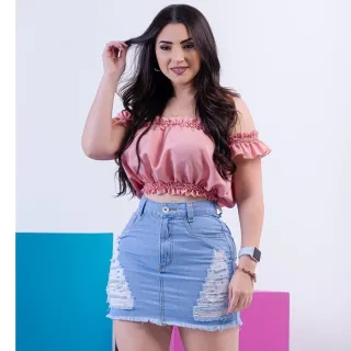 Modelo Gringa Saia Jeans Cintura Alta Destroyed Cos Alto Detonado - Saia Jeans Clarinho Greban