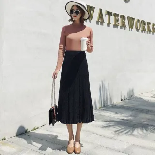 Rabo de Peixe em Linha A: Saia de Malha de Lã Feminina, Estilo Coreano, Comprimento Médio - Preto