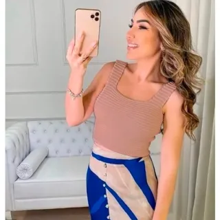 Regatinha Cropped Feminina Tricô Liso Reto - Verão - Preto