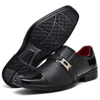 Sapato Elegante Moderno Preto Verniz Masculino com Fivela