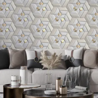 Papel de Parede Vinílico Branco Fosco com Detalhe Dourado - Efeito 3D - Por Metro - Único