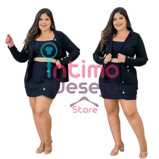 Plus Size Conjunto Cropped Blazer Saia e Short