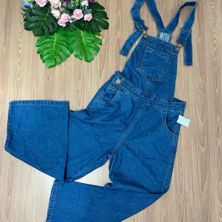 Jardineira Jeans Feminina Alça Regular Pantacourt com Botão Lateral - JEANS ESCURO