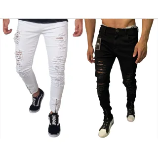 Promoção Calça Jeans Masculina Slim Rasgada Preta e Azul - Envio Imediato - JEANS ZIPER BARRA AZUL MÉDIO