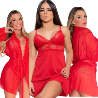 Camisola de renda luxo e robe: kit com calcinhas grátis - Branco