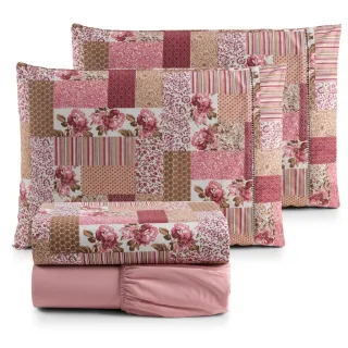 Percal 100% Algodão: Jogo de Lençol Estampado 4 PÇS - 180 Fios - Rose Patchwork