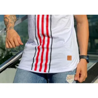 Camiseta Long Line Masculina Listrada - Promoção - Vermelho com branco infantil