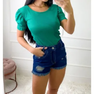 Blusinha Canelada Princesa Bufante Manga Curta Feminina - Cereja