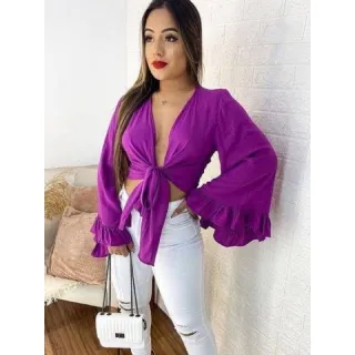 Roupa Feminina Cropped Blusa Manga Flare Babado - Fúcsia