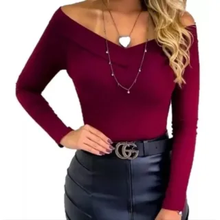 Promoção Blusa Feminina Manga Longa Ombro a Ombro Canelada - Cinza