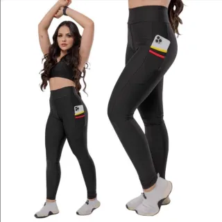 Calça legging feminina cintura alta Suplex com bolso celular - Conjunto top academia fitness - Conjunto preto sem bolso