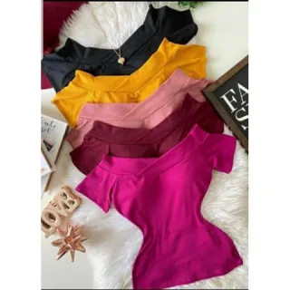 Moda Feminina Blusa Canelada Ombro A Ombro Manga Curta Super Envio!! - mostarda