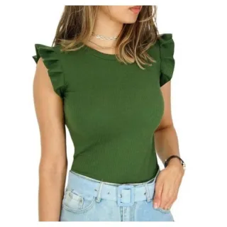 Blusa Feminino Babado Girassol Regata Canelada - Azul Petroleo