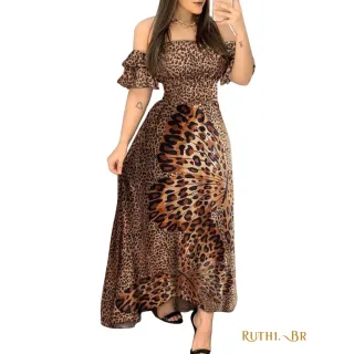 Estampa de Borboleta em Vestido Longo Feminino de Oncinha - Leopardo-m