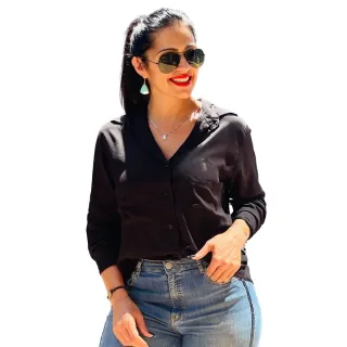 Camisete Social Feminina Manga Longa Botão 2 Bolsos - Preto