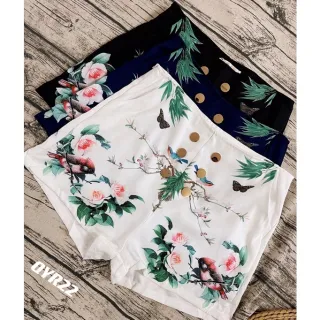 Short feminina estampa Flores e pássaros, poliéster com zíper - Moda Verão - CORES VARIADAS