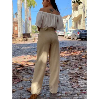 Promoção Calça Feminina Wide Leg Pantalona de Linho Social + Cinto - Bege
