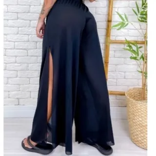 Moda Verão Feminina Calça Pantalona Luna com Fenda Lateral - Preta