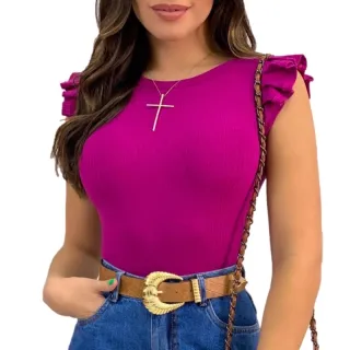 Tendência Blusa Canelada Feminina Manga Redonto - Super Moda Blogueira - Fuscão