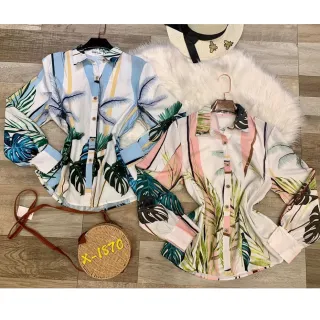 Estampada Chic Social Blusa Manga Longa com Botões - branco/azul/amarelo