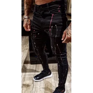 Calça Masculina Super Skinny Splash Destroyed Preta Rasgado - 38