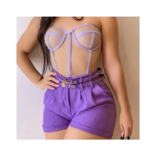 Shortinho Linho Feminino Cinto Duplo Dois Cintos - Bege