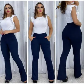 Novidade: Calça feminina jacard flare cintura alta com bolso em tecido macio - MESCLADO