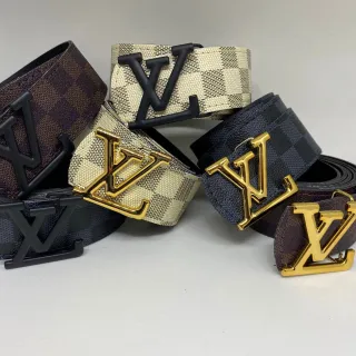 Couro Xadrez Dupla Face Cinto Masculino - Ouro Escovado - Marrom