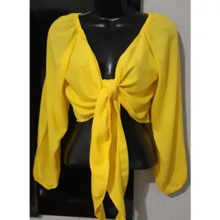 Blusa Manga Longa Cropped Frente / Costa Multiformas Amarrar Elástico Pulso - Preto