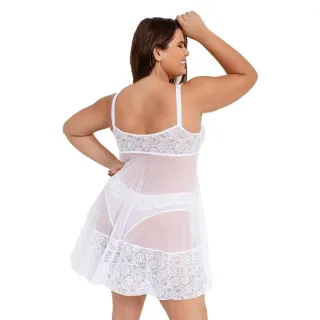 Camisola Plus Size Aurora Em Renda E Tule Sem Bojo - IMI Lingerie - Preto