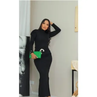 Fenda Lateral Saia Longa Feminina com Bolso e Cordão - Preto