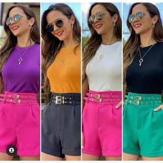 Feminina Alfaiataria Short Com 2 Cinto - Rosa Pink