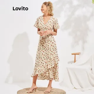 Vestido Vintage Estampa Floral Amarração Manga Bufante Lovito L16D045 (Bege) - Série Bege (Básico Cor)