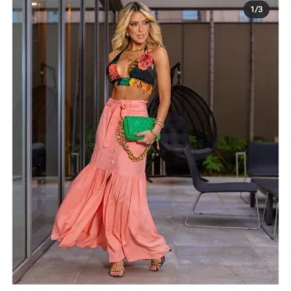 Botão longa saia viscose - Raryel - Preto perola