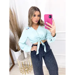 Mulheres LO-23: Camisa manga longa feminina com detalhe ajustável - Salmão