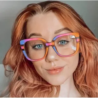 Óculos Femininos Anti-Luz Azul - Moda Quadrado, Molduras Coloridas - C13.Flor roxa