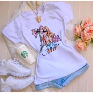 Moda feminina atacado: blusinha t-shirt básica com personagem - P ao GG - STIBRILHO