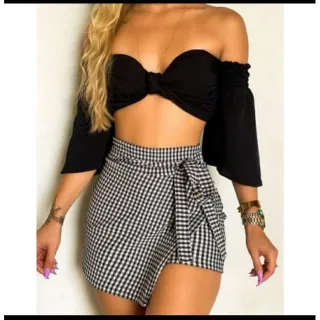 Saia Feminina Curta Malha Crepe com Laço Frontal - Xadrez