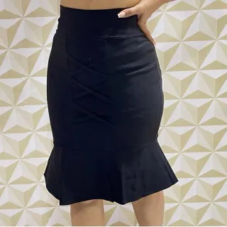 Saia Evangélica Sino Midi Feminina Babado Social Bengaline - Preto