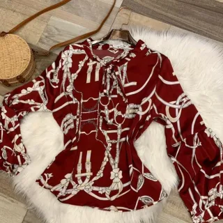 Moda feminina: Camisa Social Feminina estampada Chic - VERMELHO COM BRANCO
