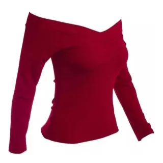 Blusinha Feminina Ombro a Ombro Manga Longa Canelada - Bordô