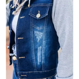 Jaqueta feminina de Inverno em Jeans com Capuz Removível e Moletom - Azul Escuro