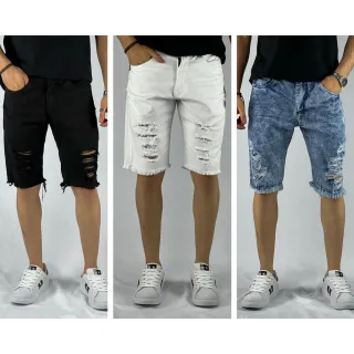 Short Destroyed Jeans Claro Preto Bermuda semLycra - Branco Destroyed