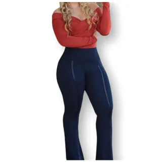 Calça Flare Feminina Crepe Cintura Alta com Detalhe em Cirrê - Preto