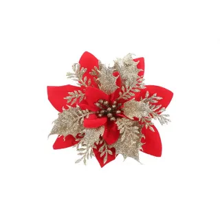 Decorações de Natal Glitter Flores Artificiais Falsas - Enfeites para Árvore Feliz - red gold_14cm